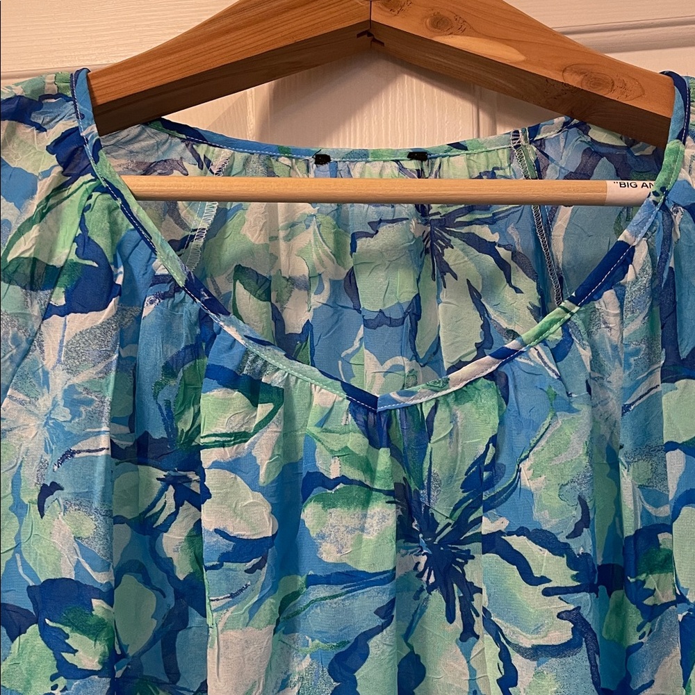 Vibrant Floral Women's Blouse in Blue and Green 2X Cold shoulder Flutter sleeve - Picture 6 of 11